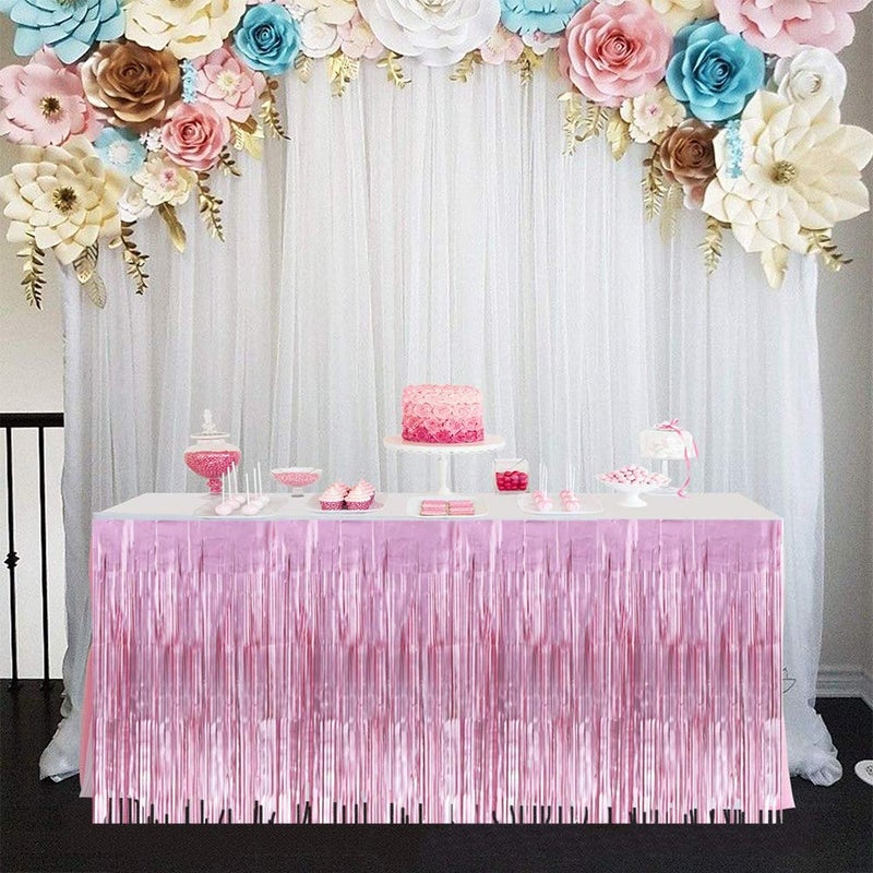 BEISHIDA 2 Packs Metallic Foil Fringe Table Skirt Pink Tinsel Table Skirt Garland for Rectangle Tables Hotel Floats Mardi Gras Holiday Birthday Wedding New Year Party Decoration (108 X 29 inch) - Image 4